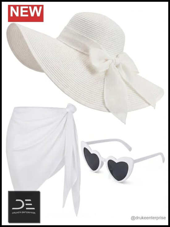 3 Pcs Summer Beach Set: Wide Brim Sun Hat, Sarong Coverup, Heart Sunglasses main image 4